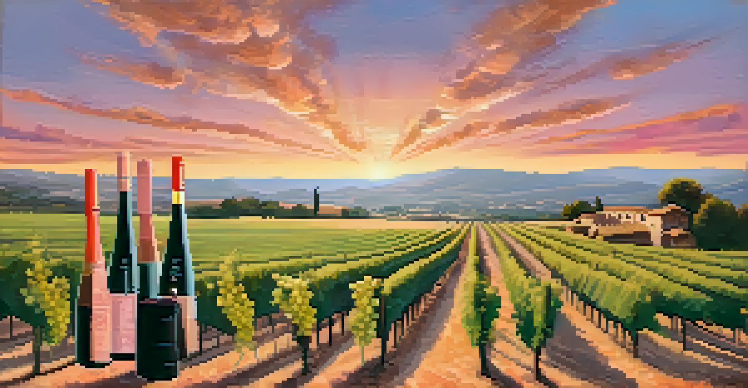 A scenic vineyard in Provence during sunset, featuring lush grapevines, a beautiful sky, and a rustic picnic setup with bread, cheeses, and rosé.