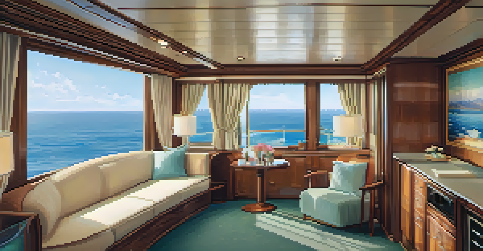 A luxurious cruise cabin with plush furnishings and an ocean view through a large window.