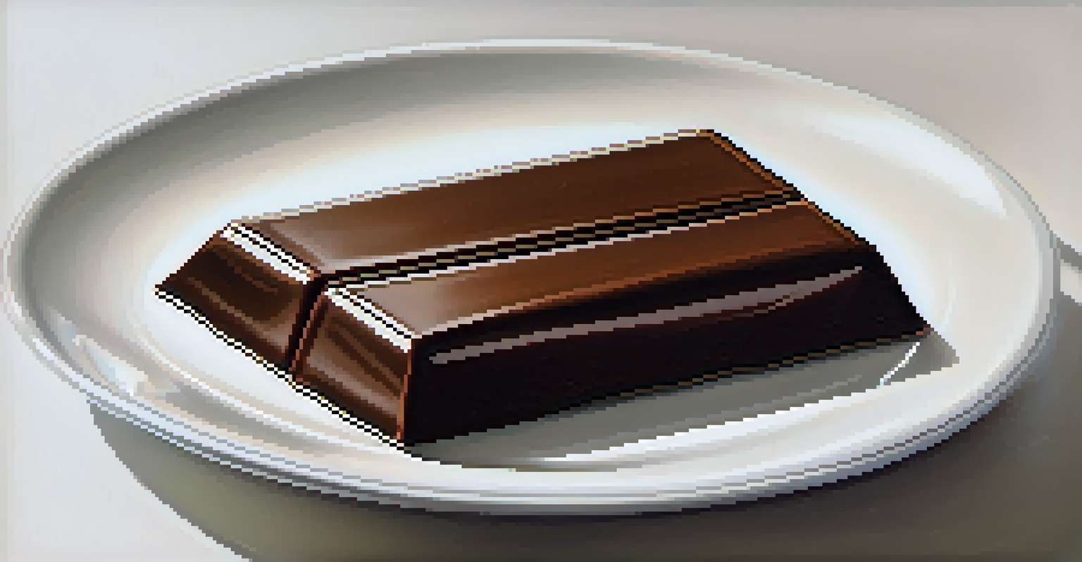 A close-up of a shiny, perfectly tempered chocolate bar on a white plate.