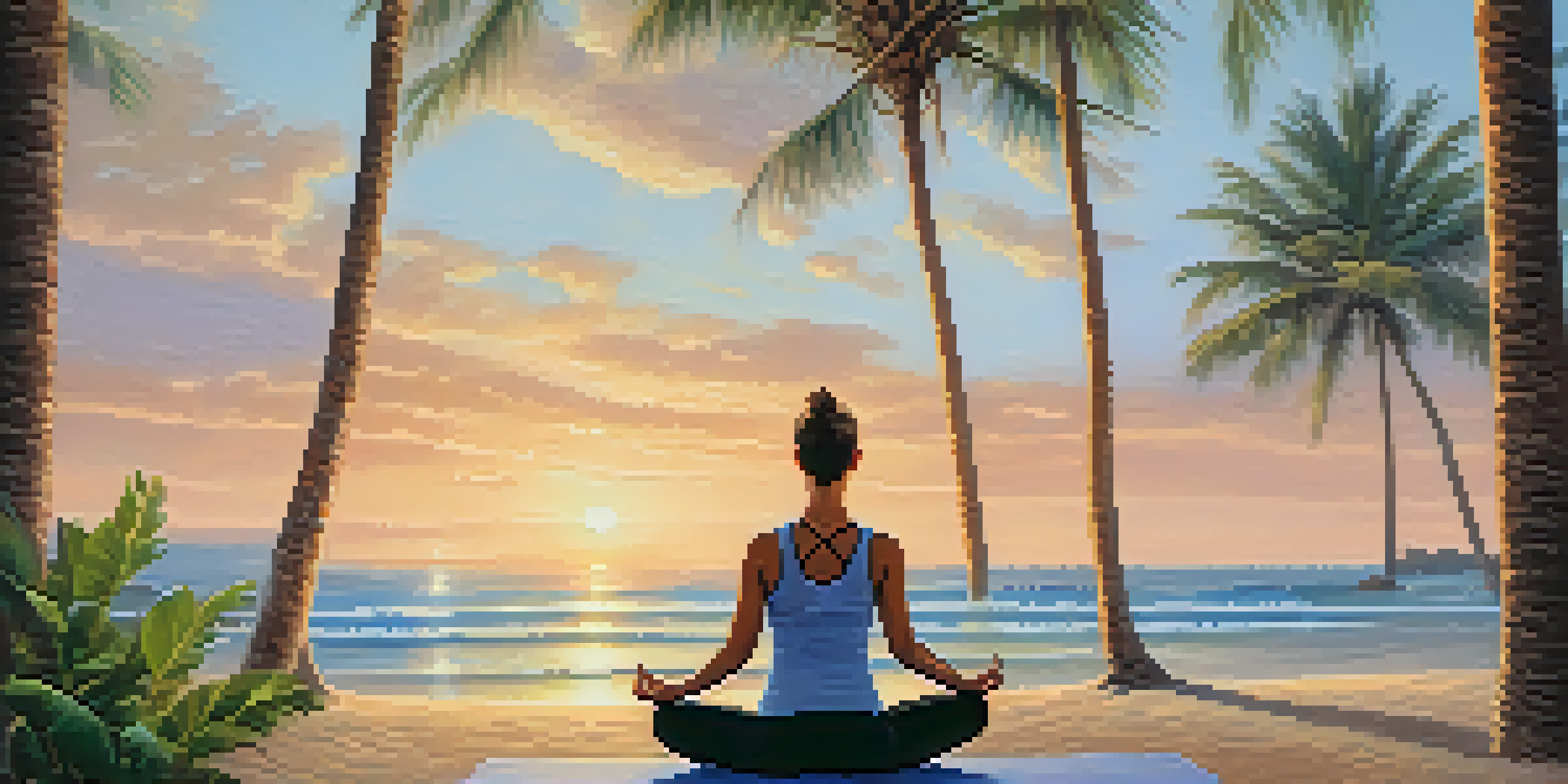 A person practicing yoga at sunrise on a tropical beach, with gentle waves and palm trees.