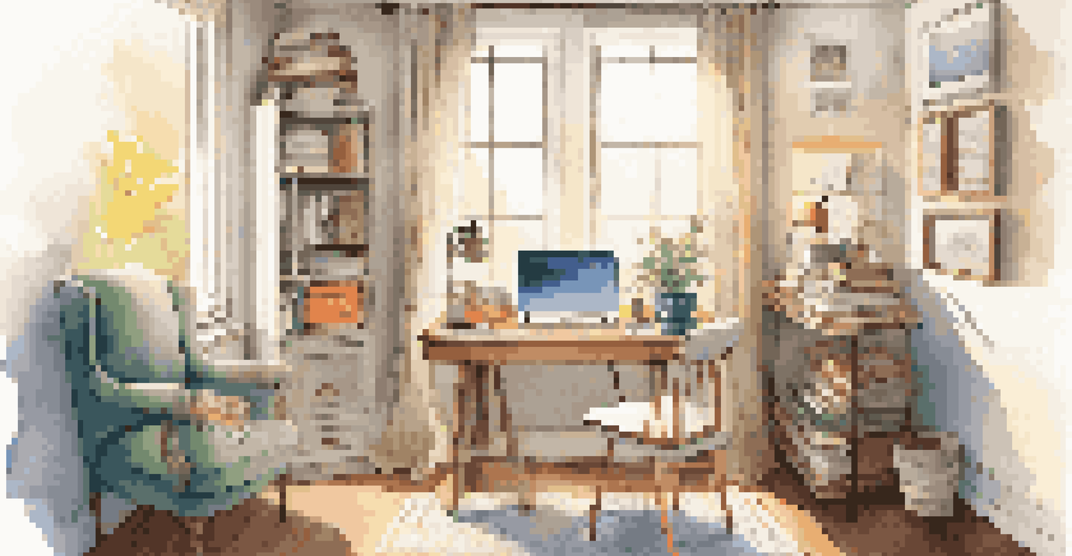 A bright corner workspace in a living room featuring a compact desk with a laptop, colorful notebooks, and a cup of coffee, surrounded by inspirational quotes and an inviting armchair.