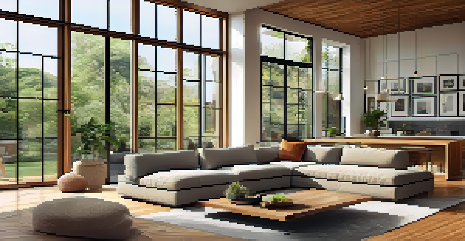 A modern living room with bamboo flooring and low-VOC paint, featuring large windows and reclaimed wood furniture, creating a warm and inviting space.