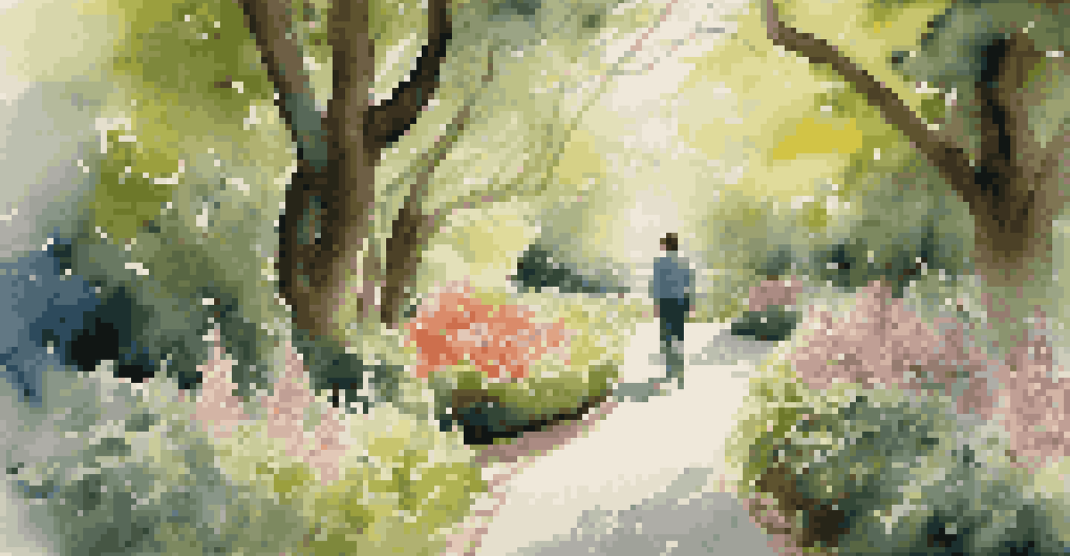 A person walking slowly through a serene garden filled with blooming flowers, enjoying the beauty of nature and practicing mindfulness.