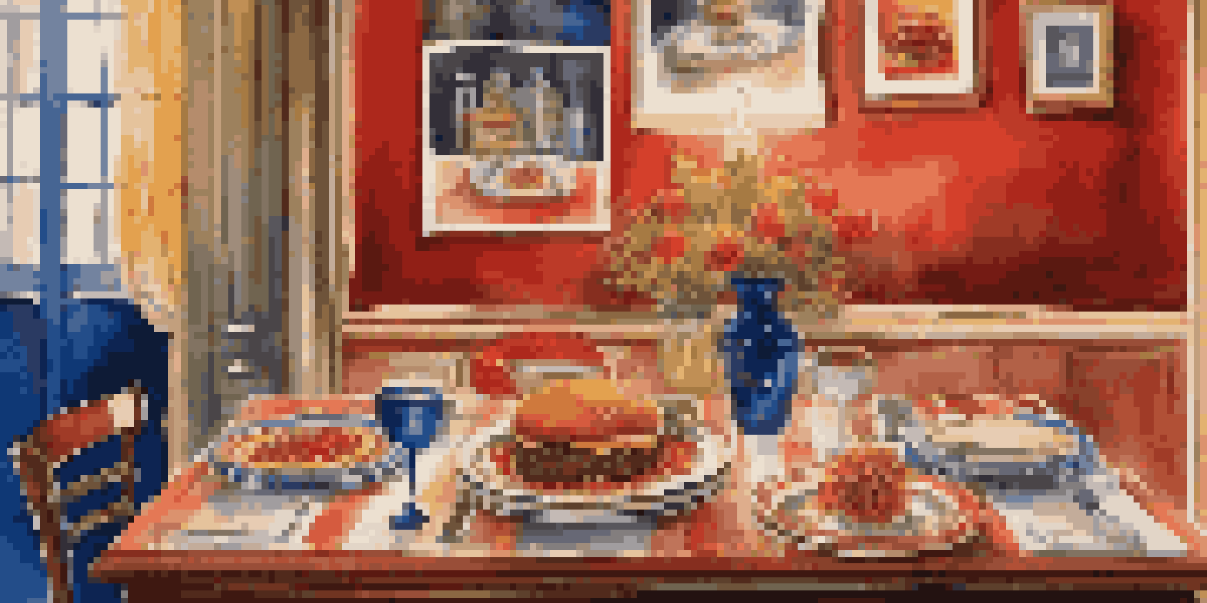 A dining table set with spaghetti, a gourmet burger, and ratatouille, surrounded by vintage movie posters and soft candlelight.