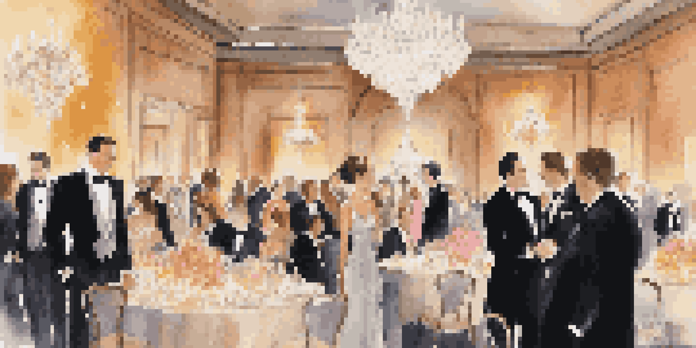 A luxurious indoor event with guests dressed in elegant outfits, illuminated by a grand chandelier and decorated with floral arrangements.