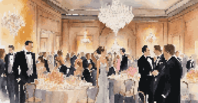 A luxurious indoor event with guests dressed in elegant outfits, illuminated by a grand chandelier and decorated with floral arrangements.