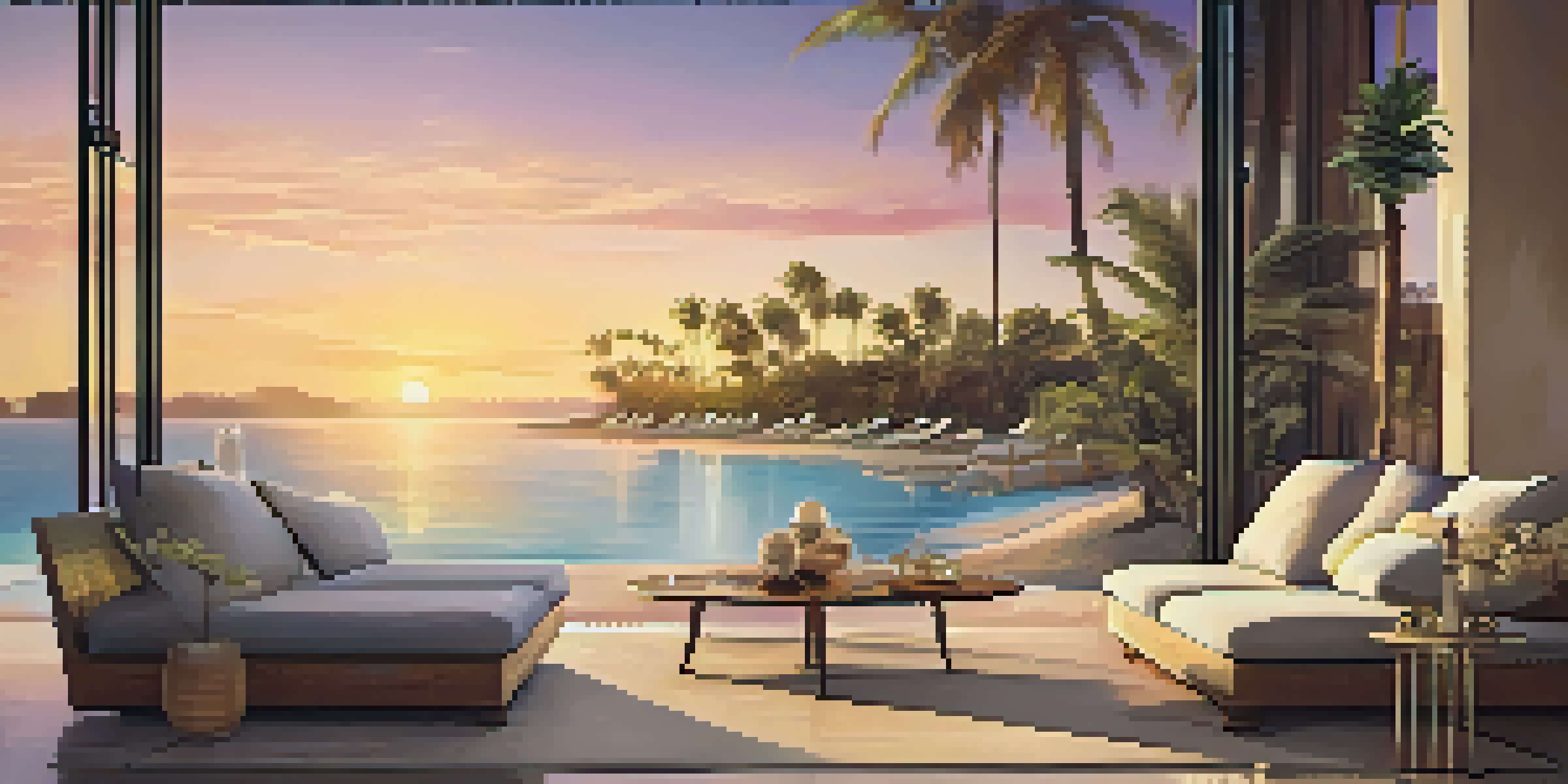 A serene sunset view over a private beach, featuring palm trees and a cozy lounge area.