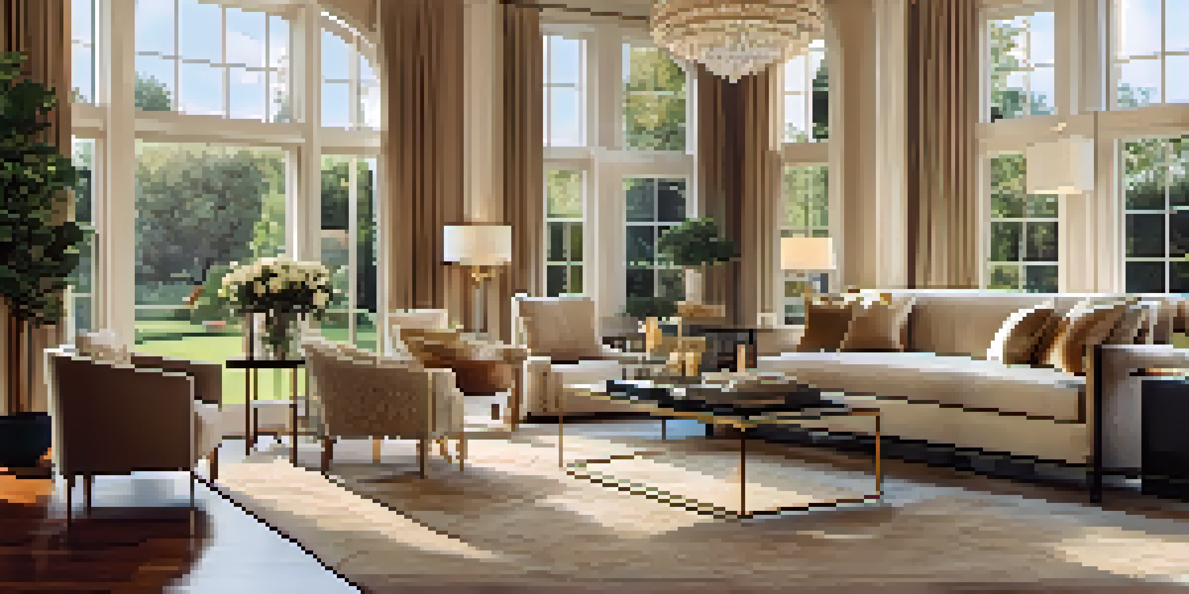 A luxurious living room with high-end furniture and elegant decor, illuminated by soft warm lighting.