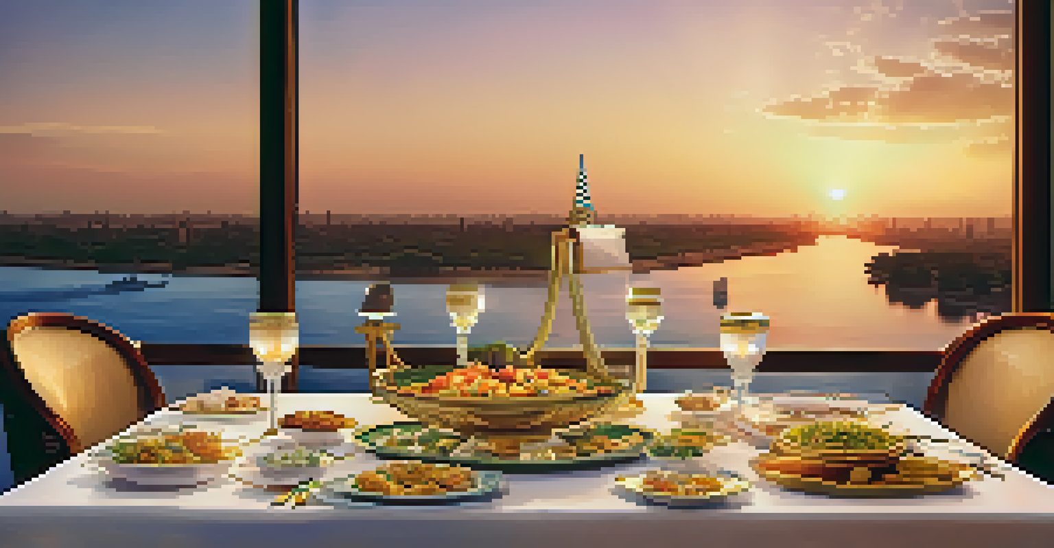An elegantly set dining table on a luxury cruise ship with traditional Egyptian dishes and a sunset view over the Nile.