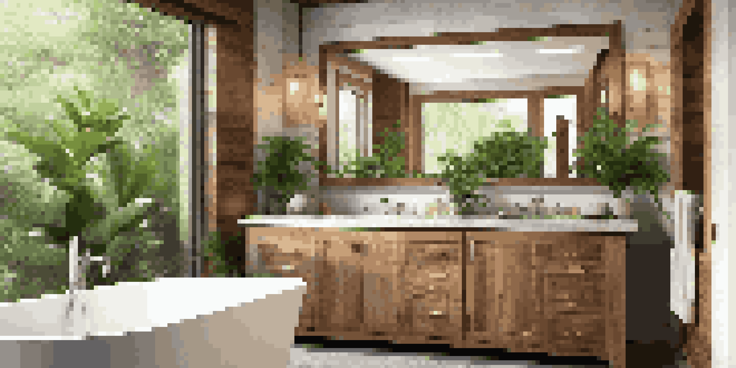 A luxurious bathroom with reclaimed wood, natural stone, and green plants, illuminated by warm LED lighting.