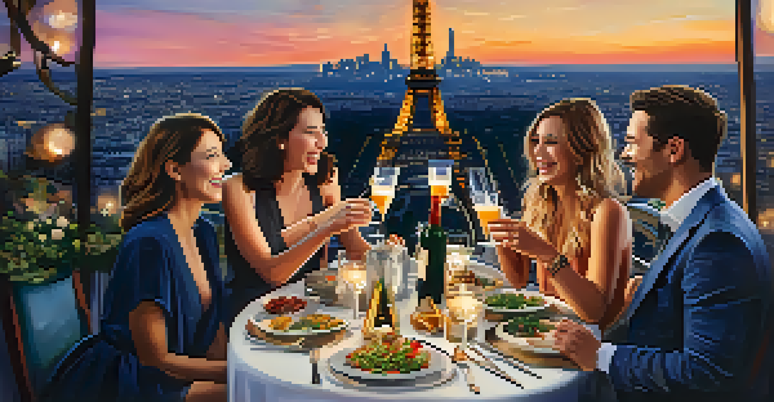 Friends toasting during an aerial dining experience with the Eiffel Tower in the background, showcasing a joyful and festive atmosphere.