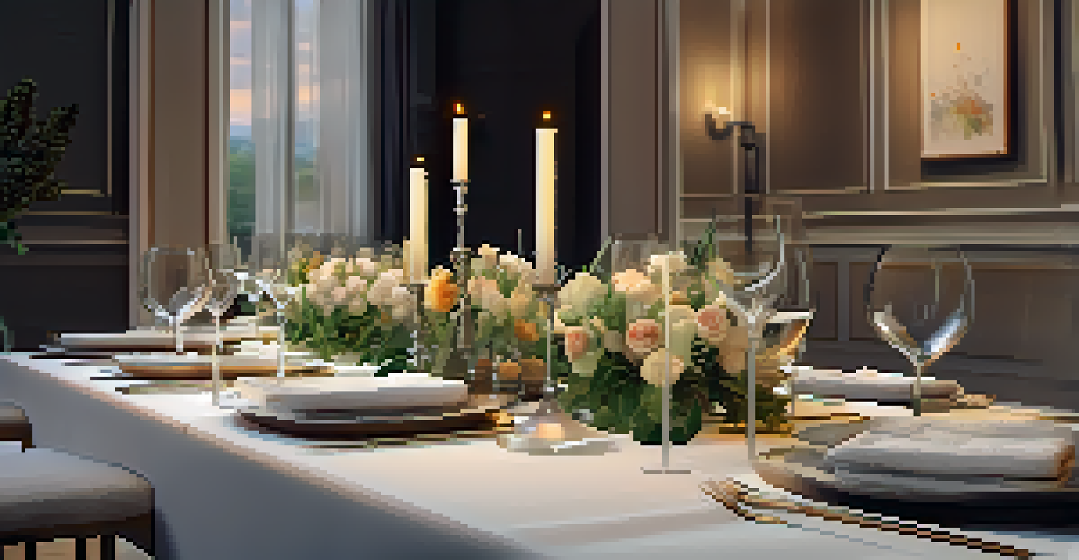 An elegant dining table with gourmet dishes, fresh flowers, and soft lighting, emphasizing a mindful dining experience.
