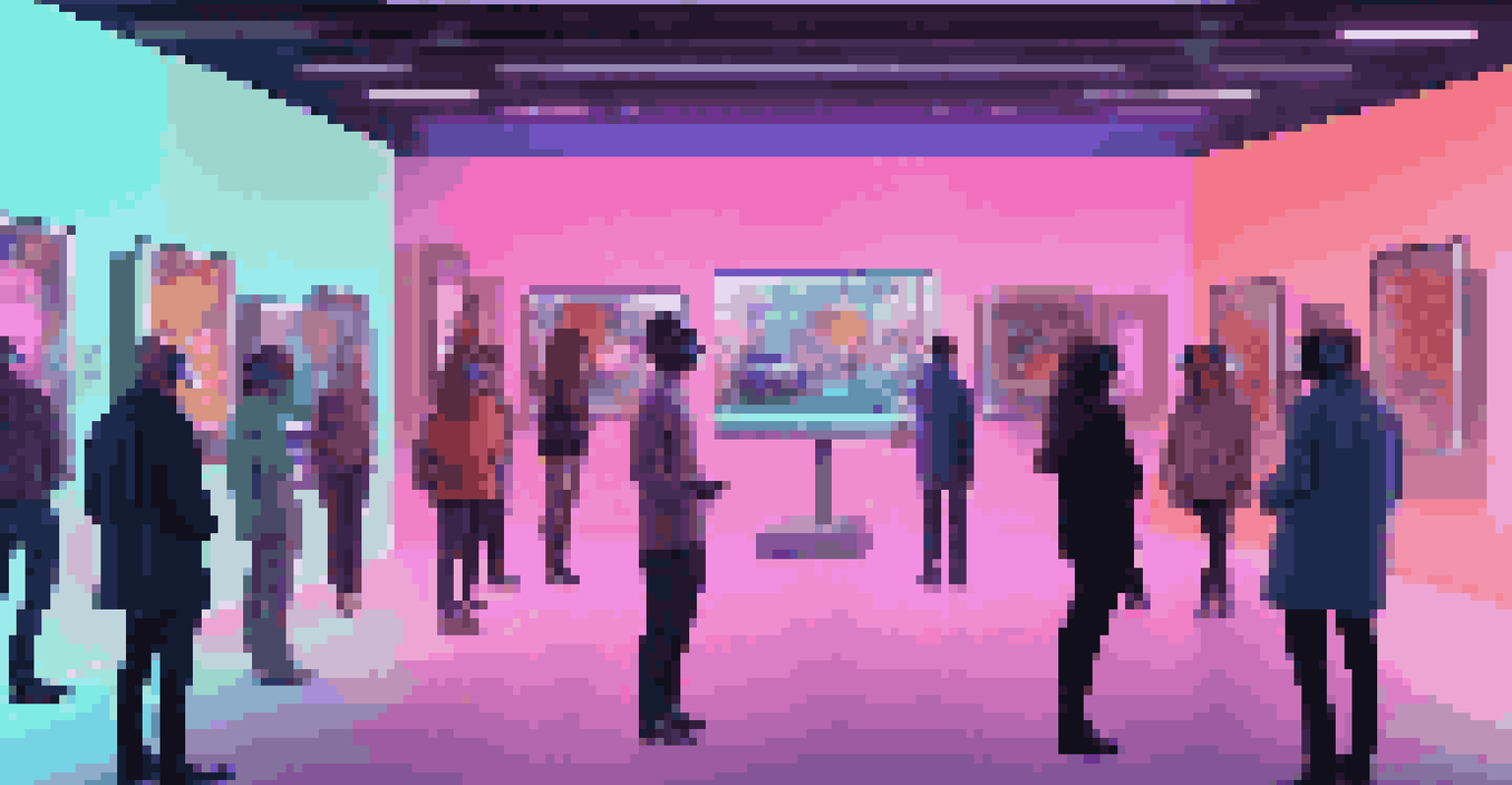 Futuristic digital art auction platform with avatars of collectors interacting with 3D art pieces in a virtual gallery.