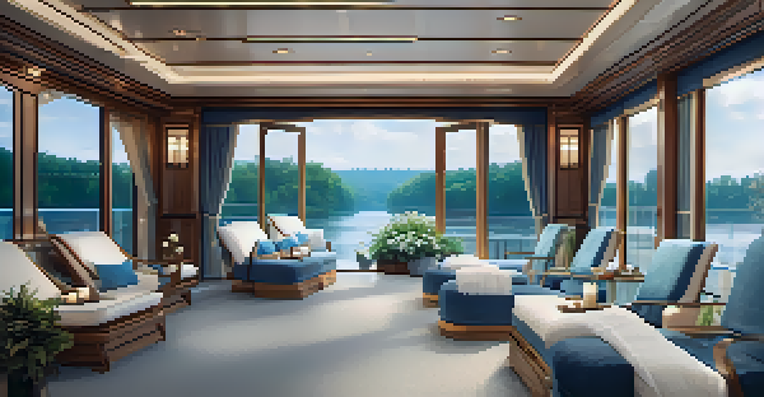 A luxurious spa area on a river cruise ship with loungers and large windows overlooking the river, featuring a calming color scheme.