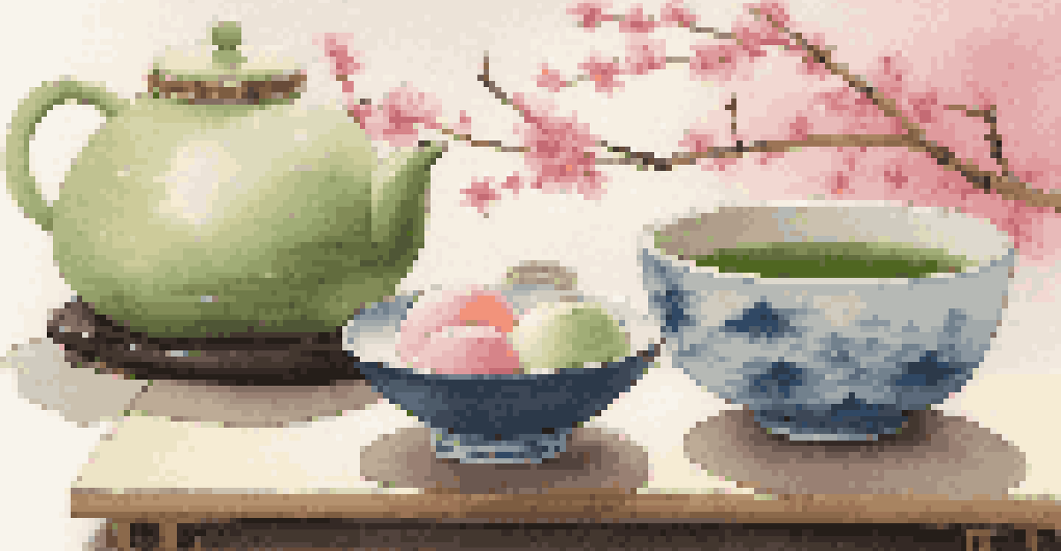 A traditional Japanese tea setting with matcha and colorful wagashi sweets, bathed in soft lighting.
