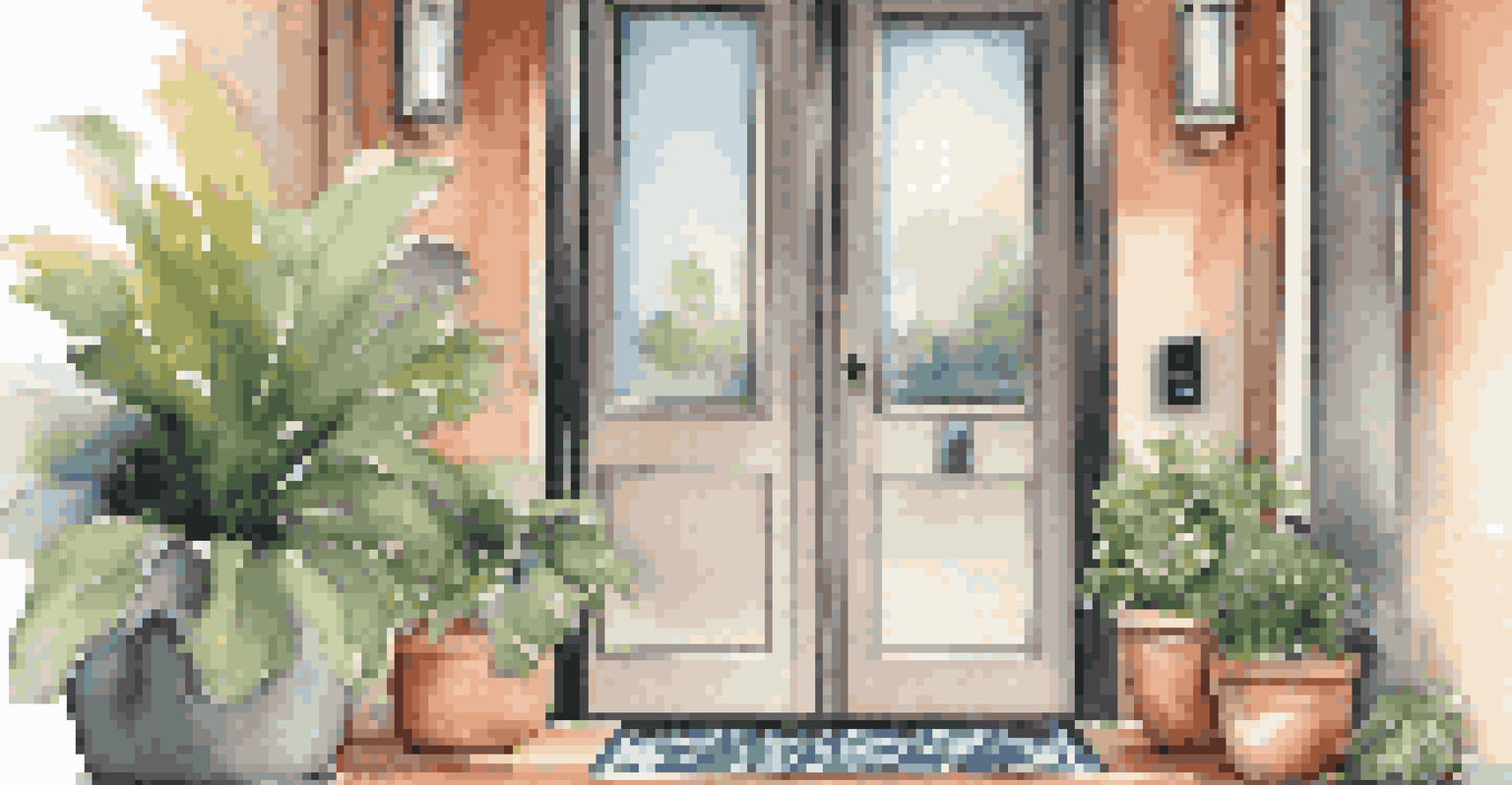 A close-up of a modern smart doorbell camera on a front door, surrounded by decorative plants.