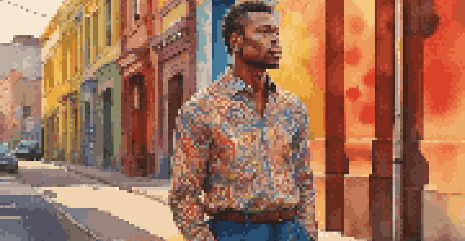 A man wearing a vibrant patterned shirt and tailored trousers standing in front of a colorful street mural under warm sunlight.