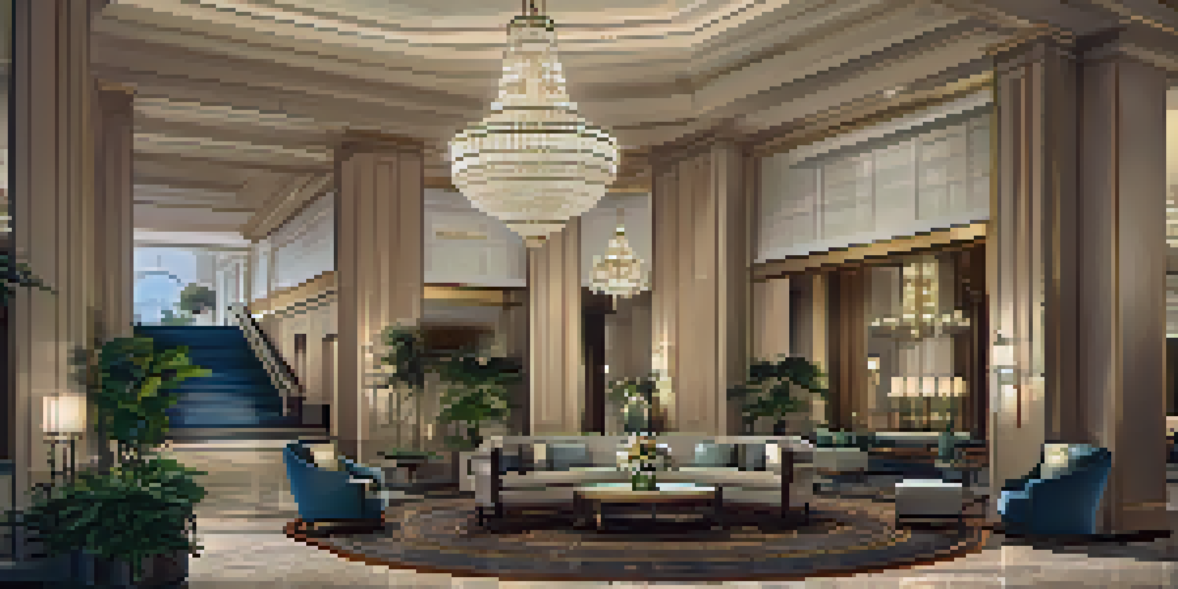 A luxurious hotel lobby with elegant chandeliers, plush seating, and a welcoming concierge at the reception, illuminated by warm natural light.