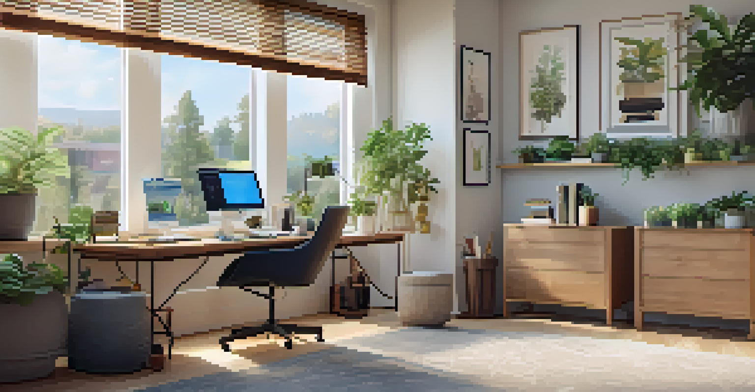 A serene home office with a smart HVAC system, stylish desk, and air quality metrics displayed on a digital screen.