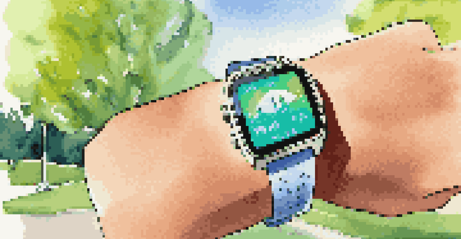 A fitness tracker on a wrist, showing health metrics, set against a sunny park backdrop.