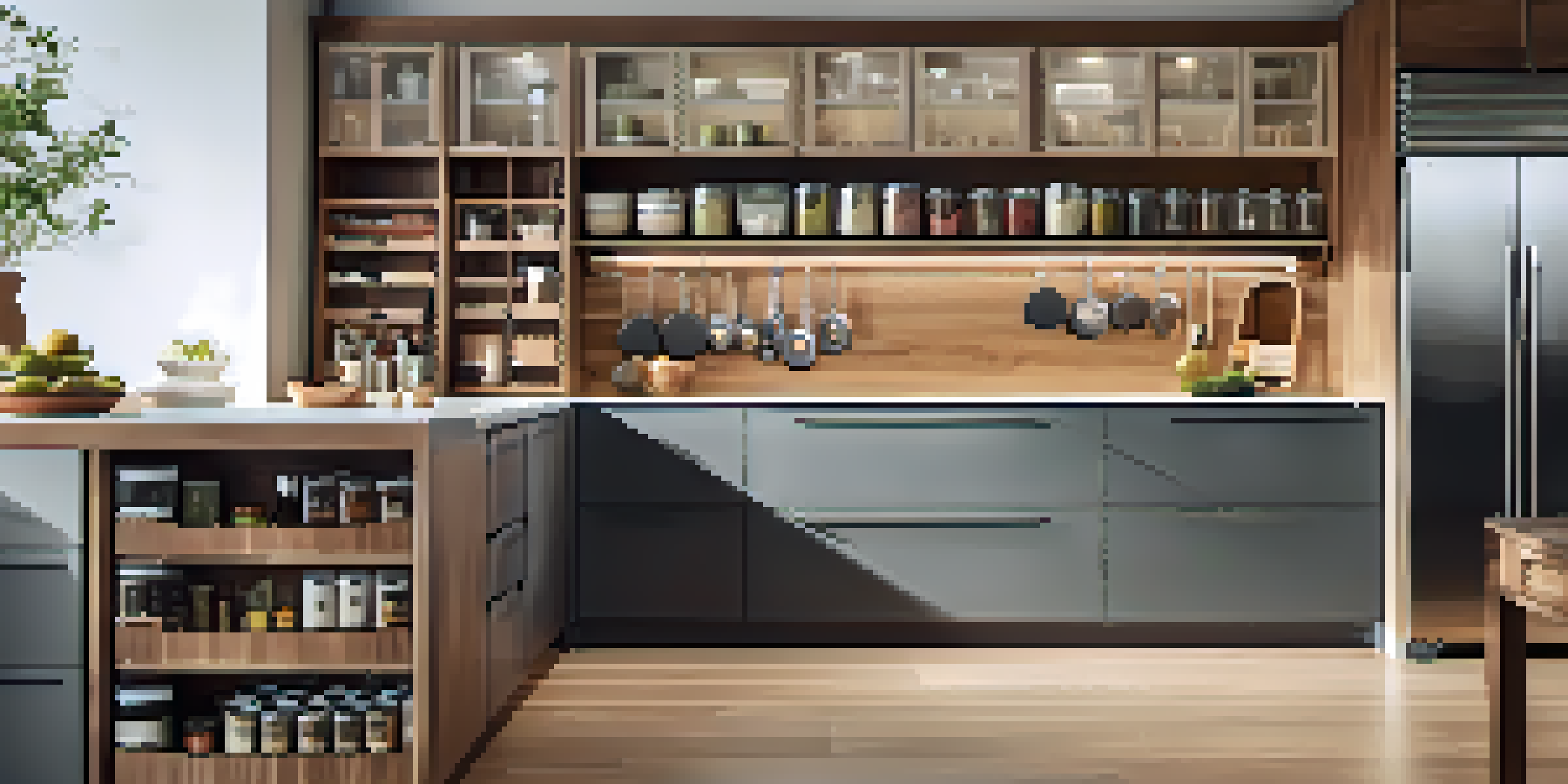 A modern kitchen with a well-organized pull-out spice drawer and pantry, featuring colorful jars, warm wooden cabinetry, and soft lighting.