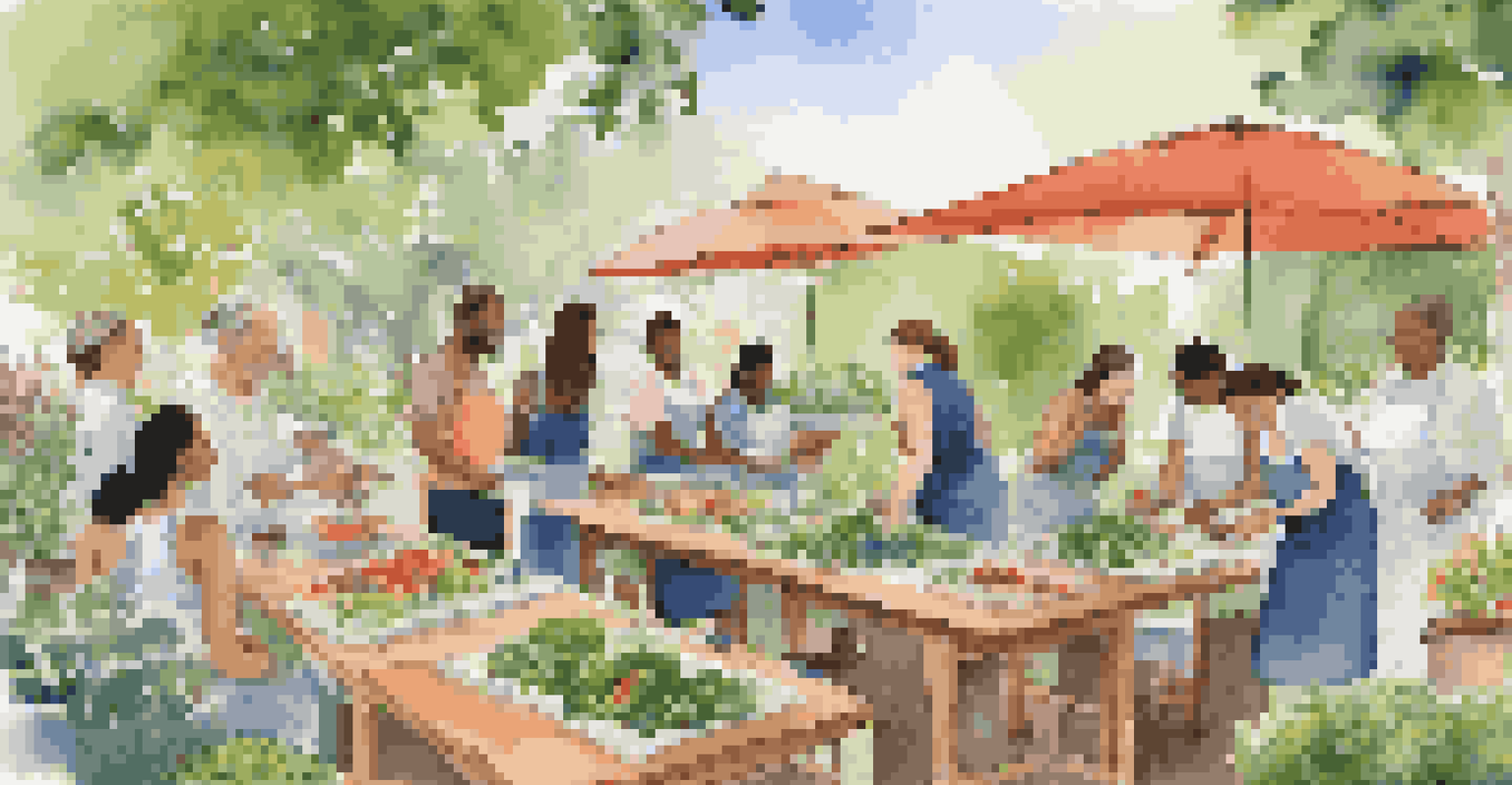 An outdoor cooking class in a garden, with participants preparing healthy meals using fresh ingredients.