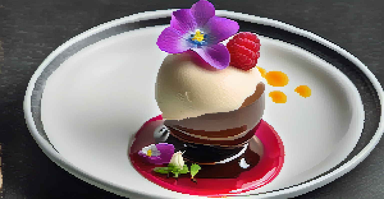 A chocolate mousse dessert presented with raspberry coulis and edible flowers on a white plate.