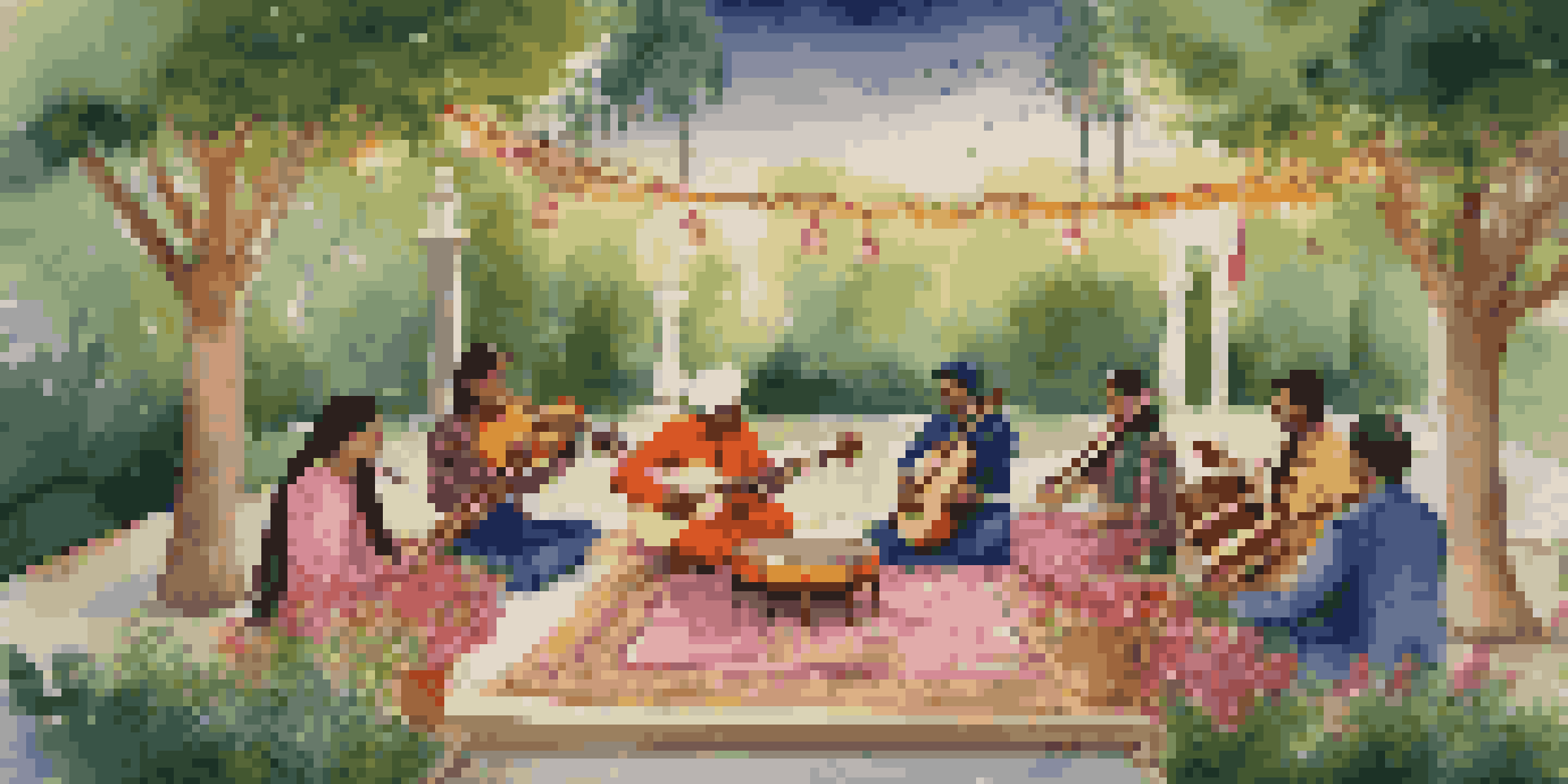 An outdoor concert featuring musicians playing traditional instruments in a beautifully decorated garden.