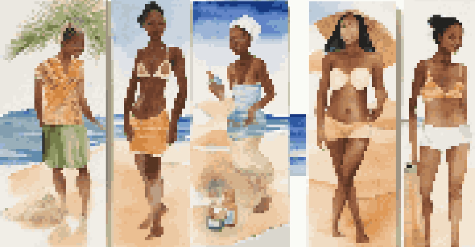 Four panels showing diverse skincare practices in different climates with unique products for each environment.