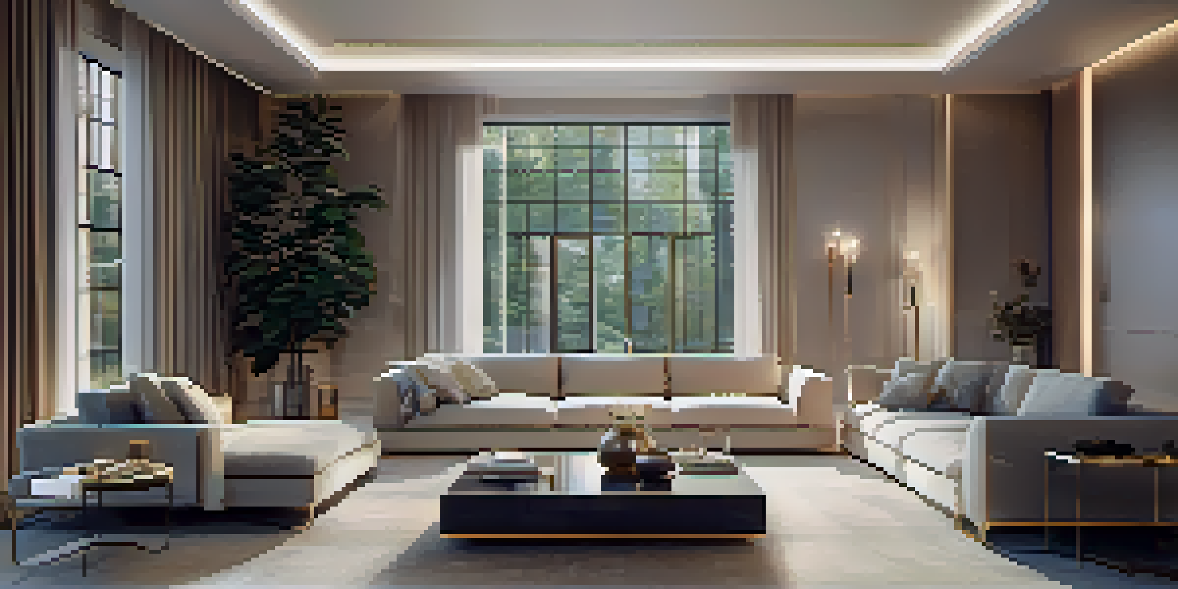 A luxurious living room with automated lighting and smart home devices, emphasizing modern design and comfort.