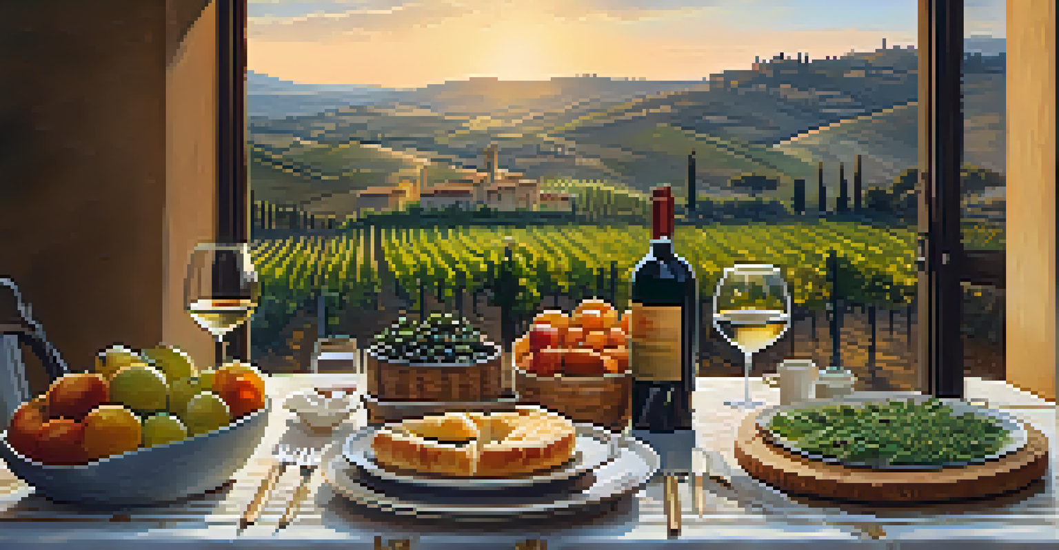 A picturesque Tuscan landscape at golden hour with rolling hills, vineyards, and a rustic outdoor dining setup featuring fresh local produce.