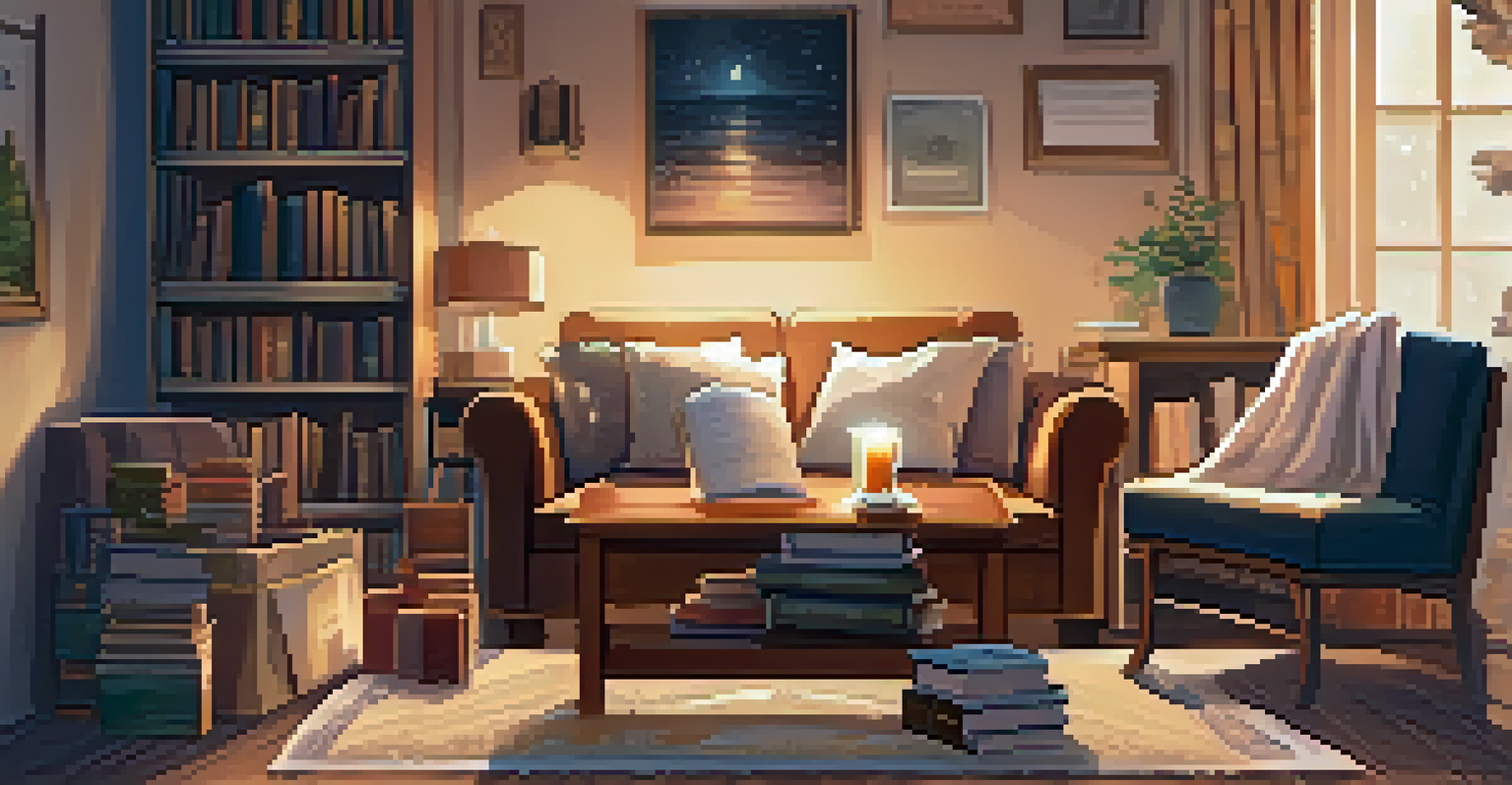 An open book subscription box with a novel and themed goodies in a cozy reading nook.