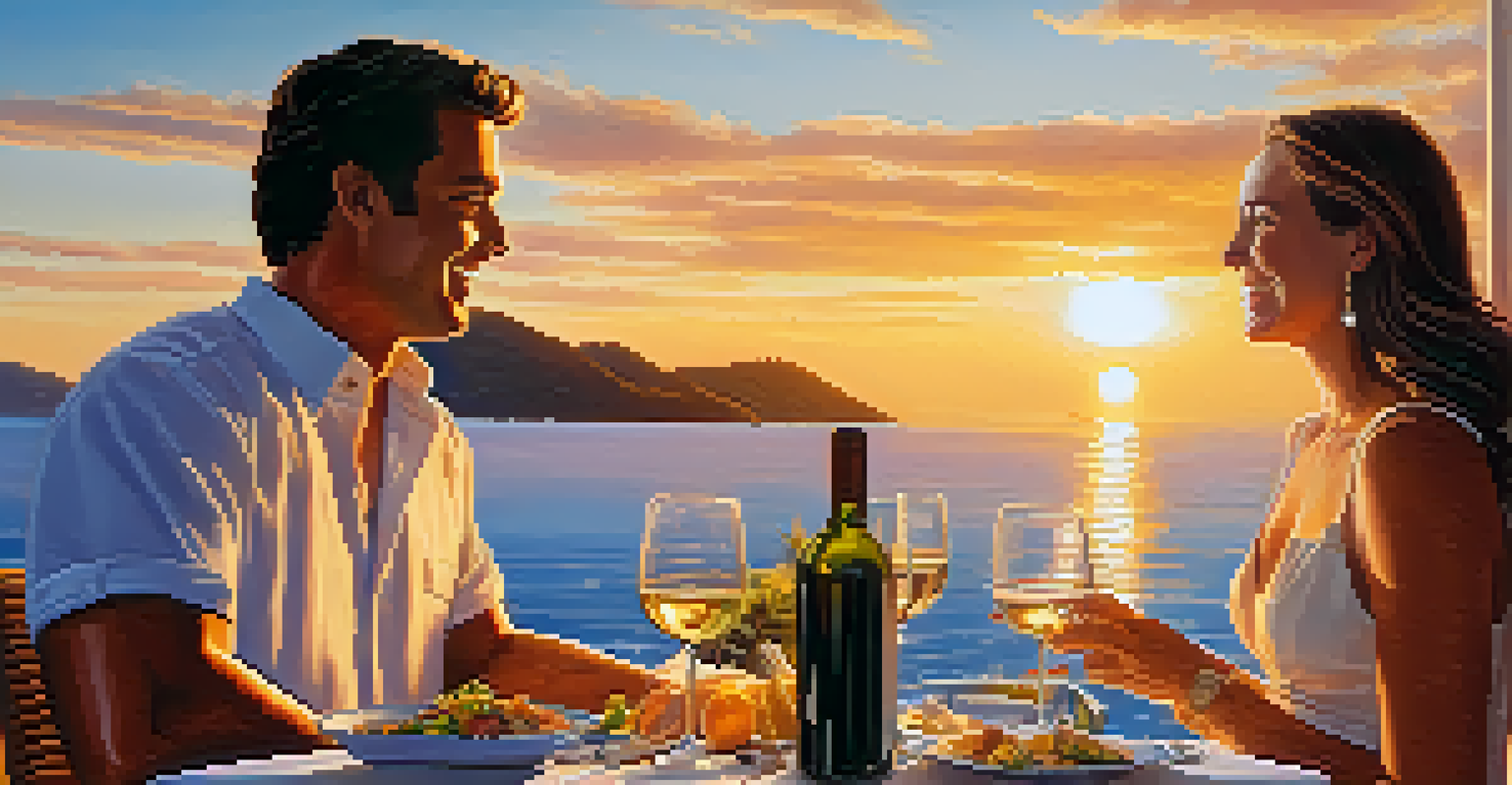 A couple enjoying a romantic dinner on a sunset cruise, with gourmet food and ocean views in golden light.