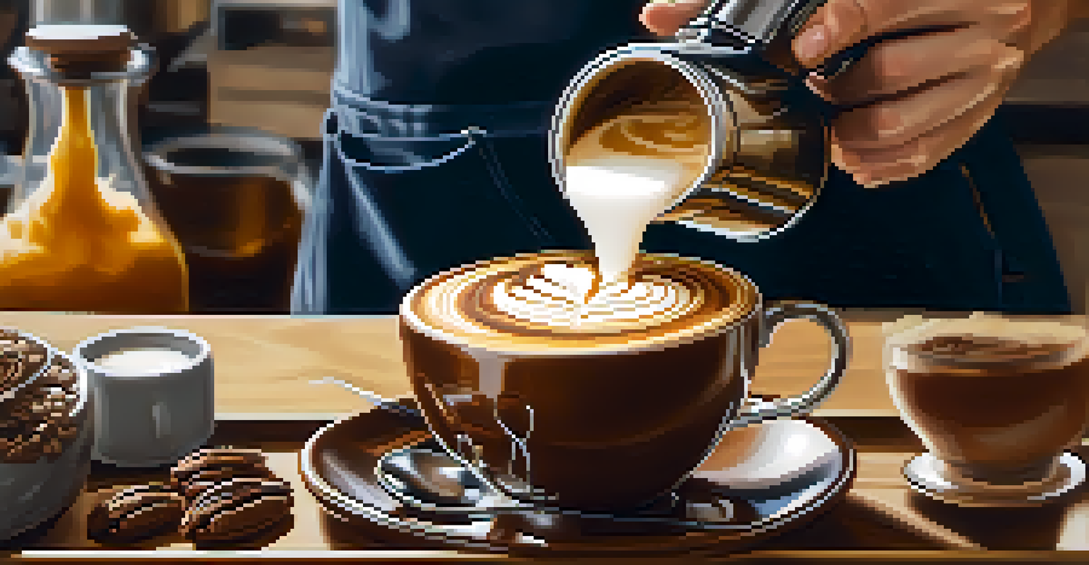 A barista pouring latte art into a coffee cup, showcasing intricate foam patterns against a coffee station backdrop.