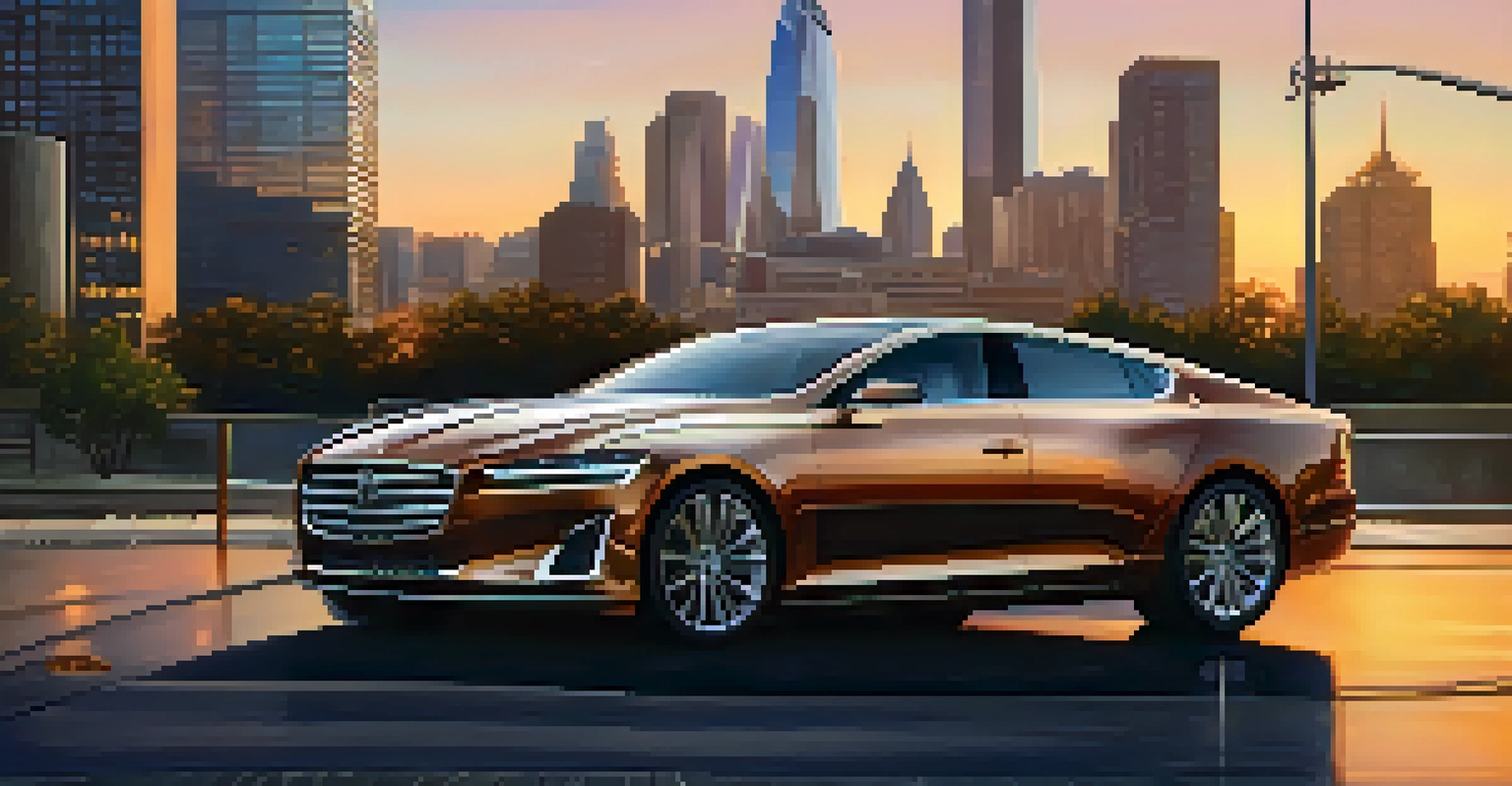 A luxury car parked against a city skyline at sunset with warm colors.