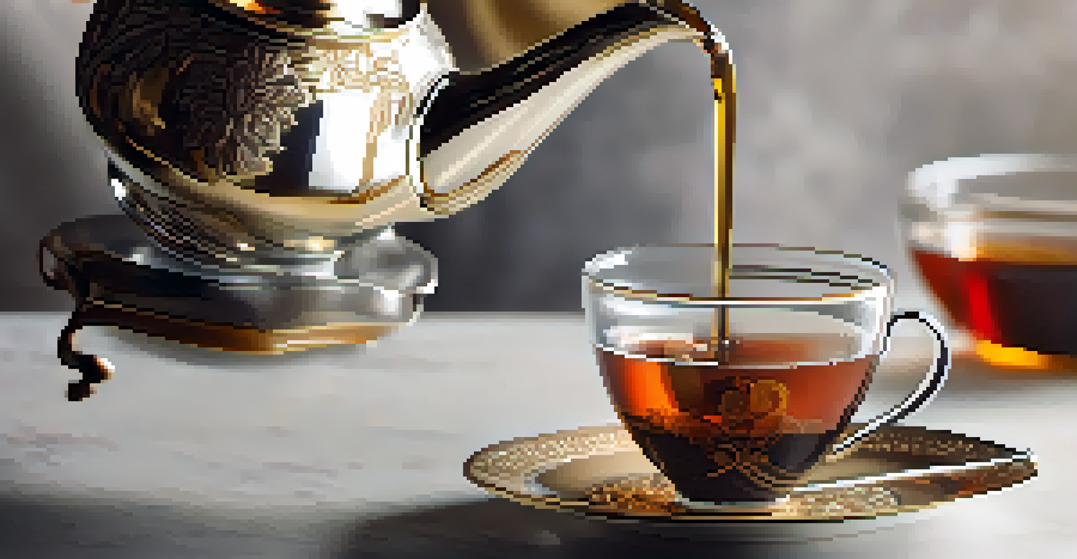 Close-up of black tea being poured into a delicate glass teacup, with a beautifully designed tea tin in the background.