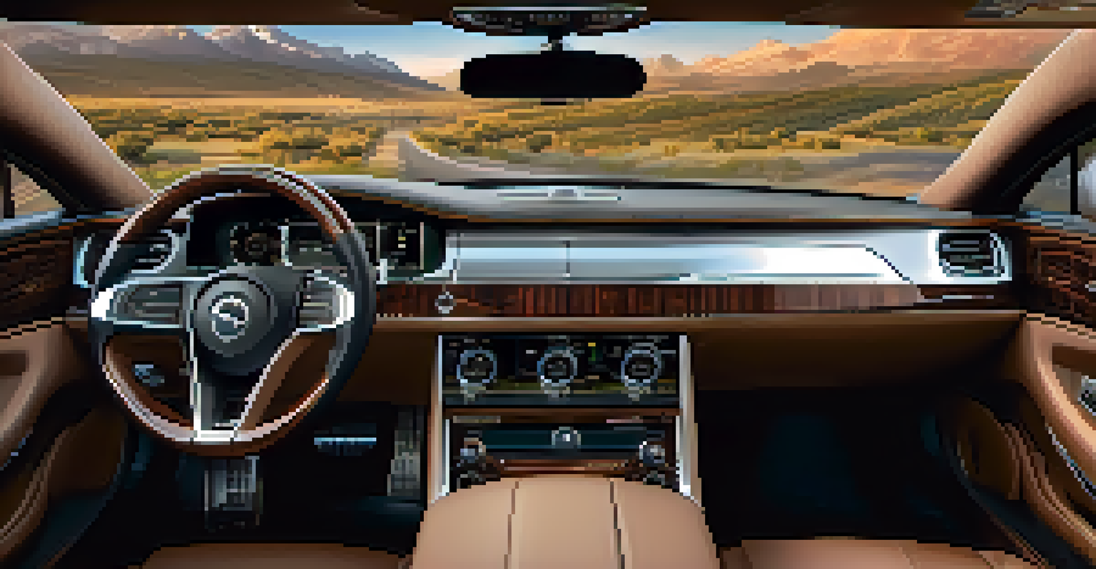 A close-up view of a luxury car interior, highlighting leather stitching, polished wood, and high-tech displays, with a mountain landscape visible through the window.