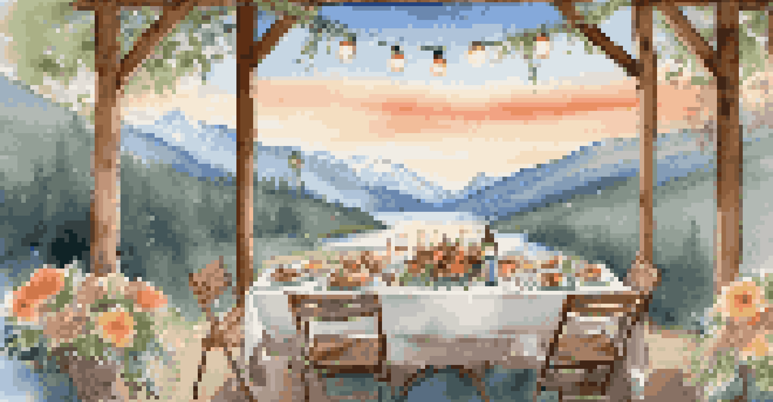 A luxurious outdoor dining arrangement at a camping site with a table set for dinner, surrounded by mountains and illuminated by fairy lights.