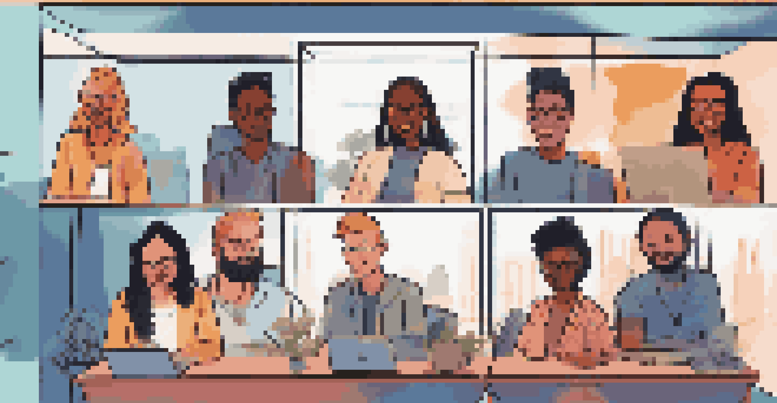 A diverse team participating in a video call, with each member shown in separate windows, representing remote collaboration.