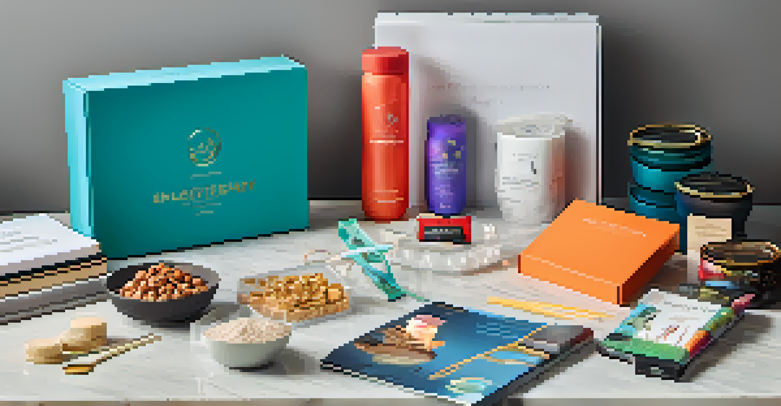 A close-up of an open luxury fitness subscription box displaying colorful fitness products on a marble countertop.
