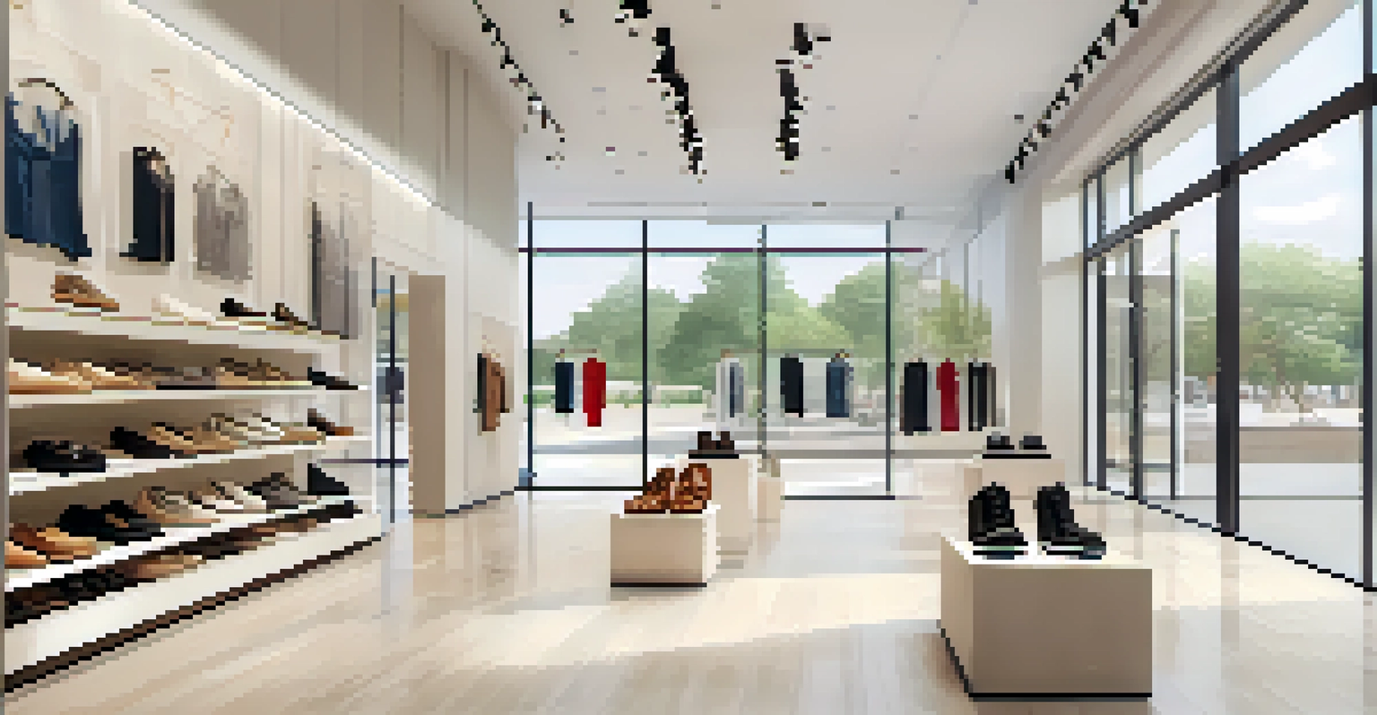 A stylish retail space filled with sustainable luxury shoes on display, featuring modern decor and bright natural lighting.