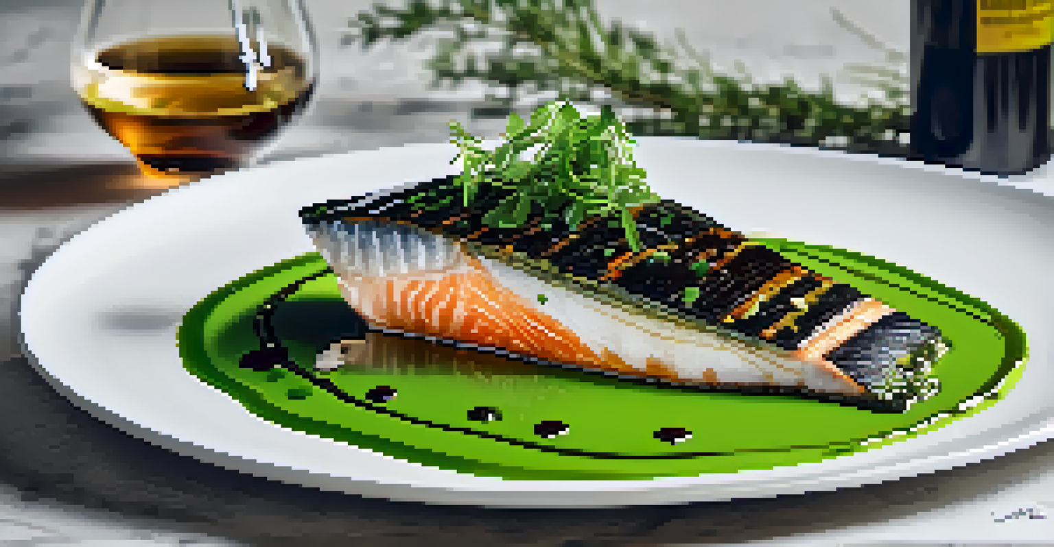 A gourmet dish featuring seared fish on a vibrant green puree, garnished with herbs and balsamic drizzle, artistically plated for visual appeal.