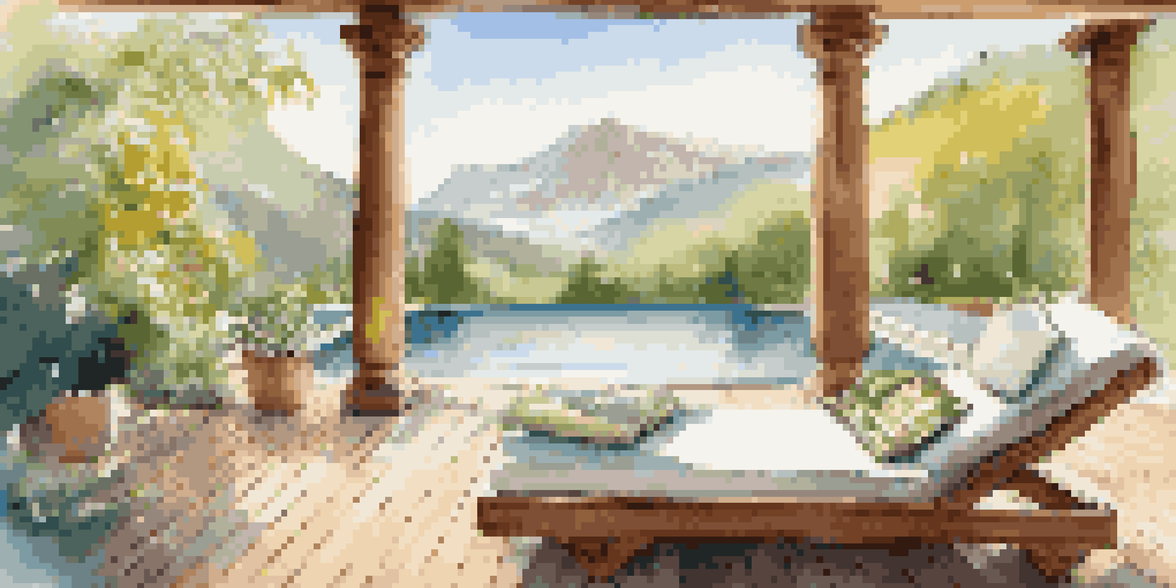 A peaceful luxury wellness retreat with an infinity pool, surrounded by greenery and mountains, with a table of organic fruits and herbal teas.