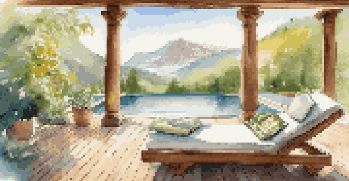 A peaceful luxury wellness retreat with an infinity pool, surrounded by greenery and mountains, with a table of organic fruits and herbal teas.