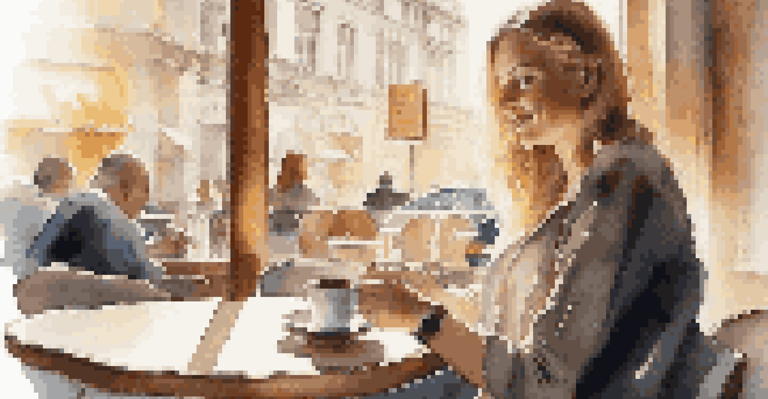 A person holding a coffee cup in a stylish café, with sunlight pouring in through large windows, creating a cozy ambiance.