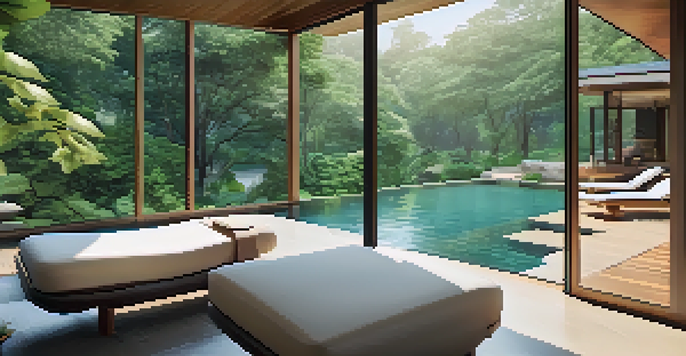 A luxurious wellness retreat with a modern spa, an infinity pool, and a yoga area surrounded by greenery.