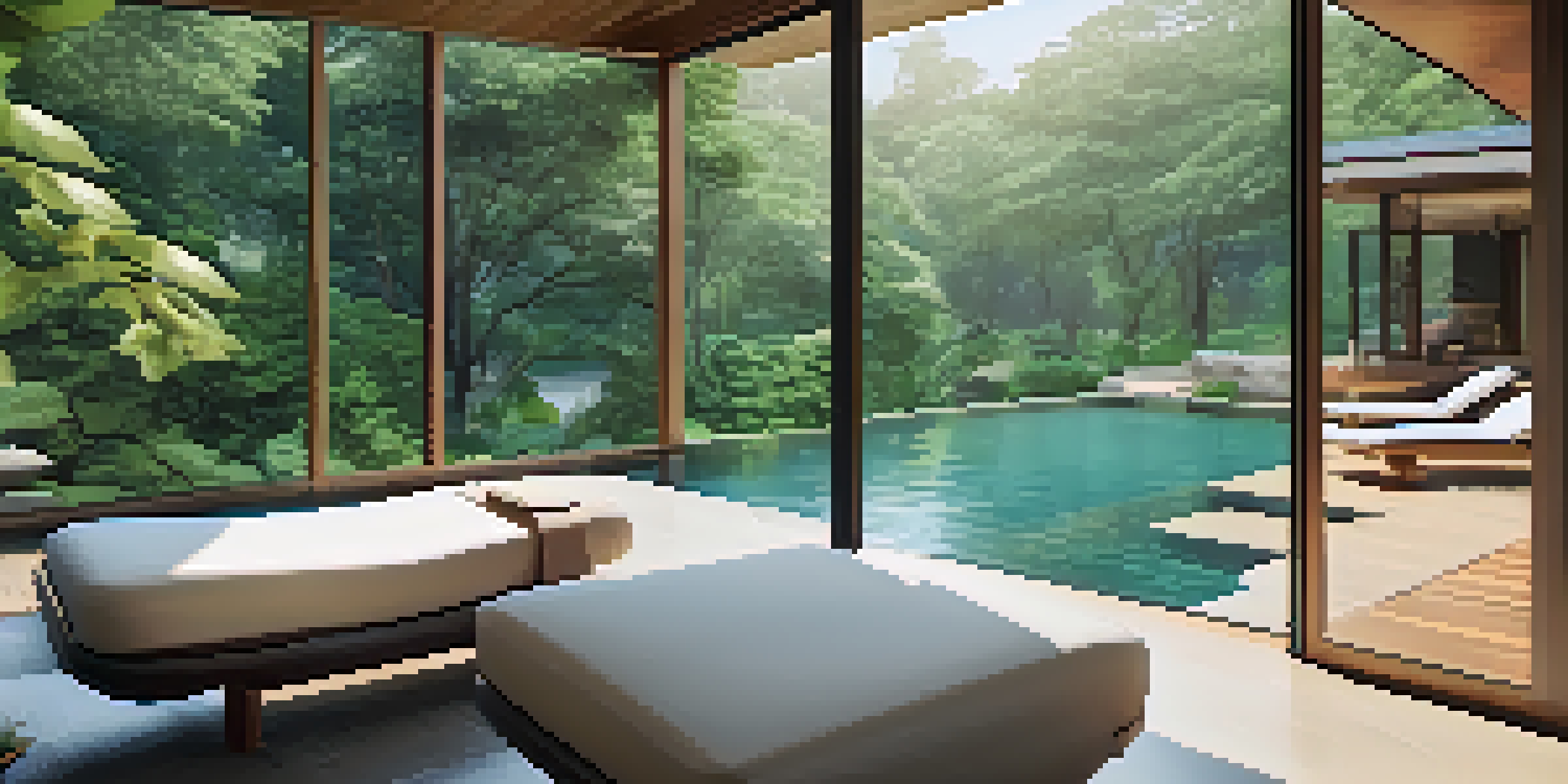 A luxurious wellness retreat with a modern spa, an infinity pool, and a yoga area surrounded by greenery.