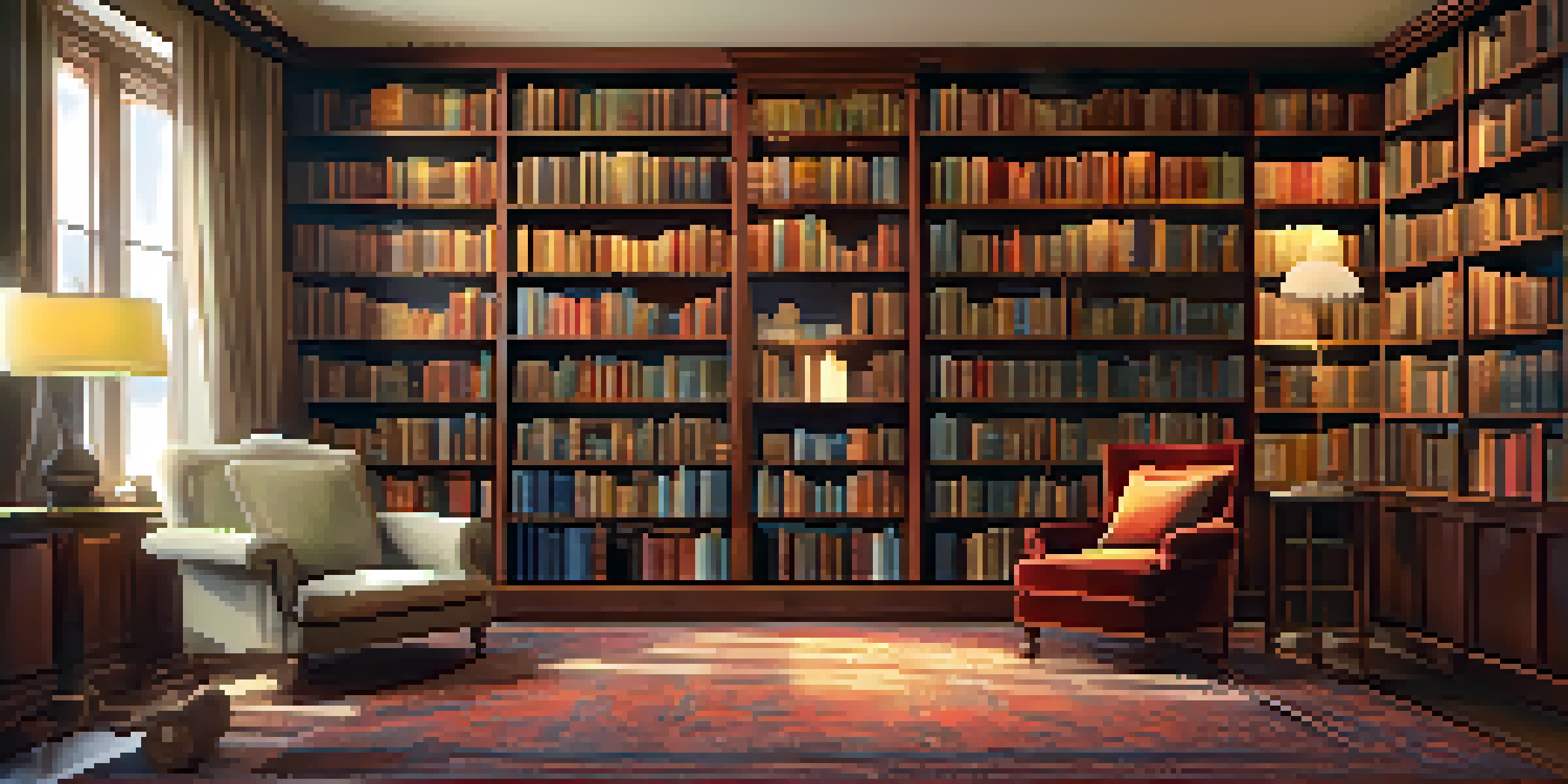 Cozy home library with mahogany bookshelves, a plush armchair, and warm lighting.