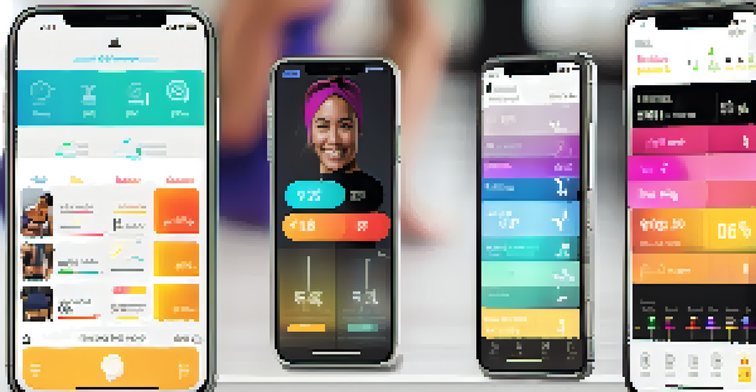 A smartphone displaying a colorful fitness app with personalized workout plans, set against a blurred gym background.