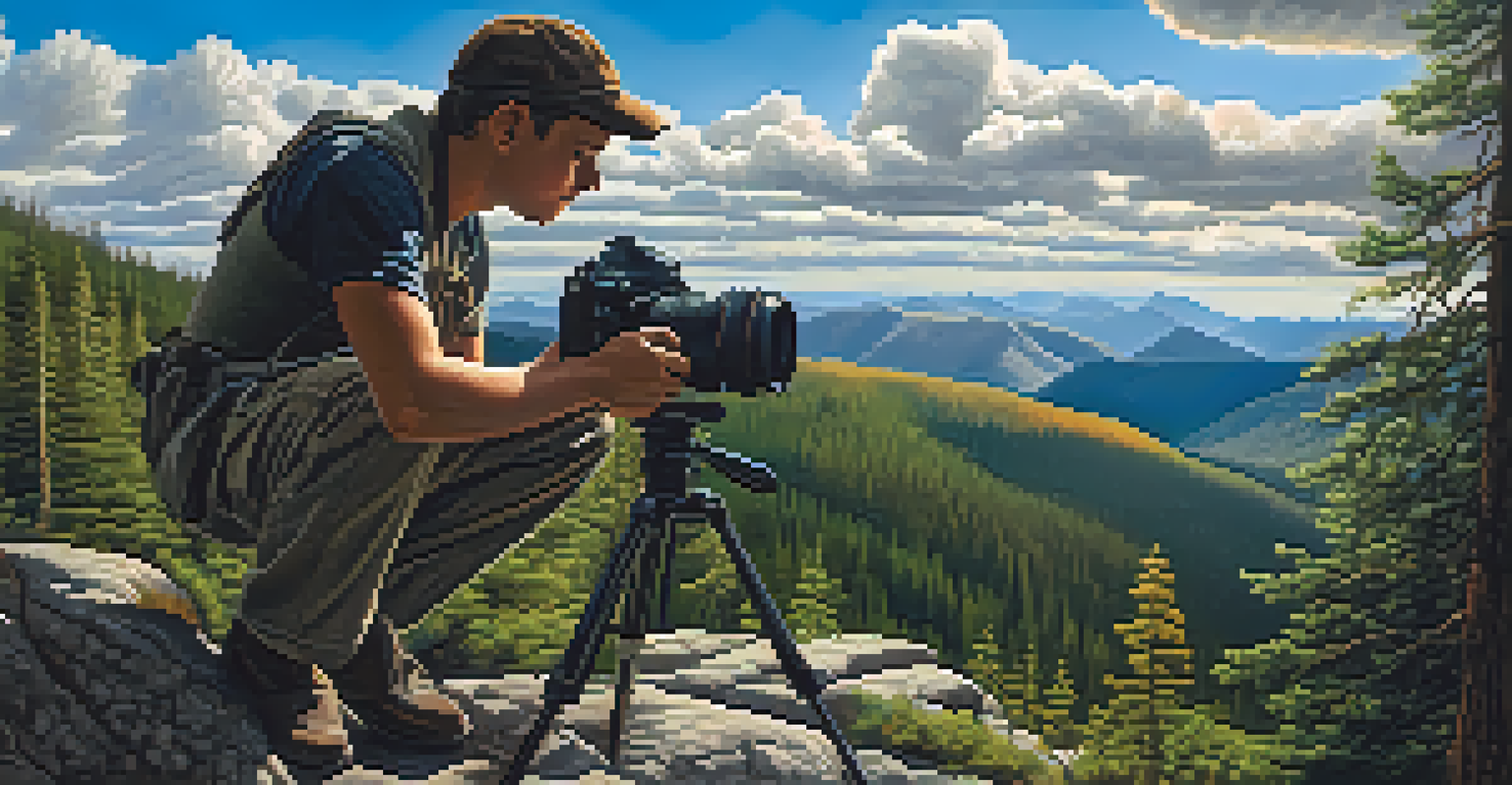 A photographer adjusting a graduated filter on their camera while capturing a mountain landscape with a bright sky.
